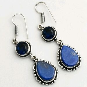 Lapis Lazuli, Tanzanite Gemstone 925 Sterling Silver Drop Dangle Earrings